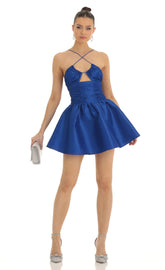 Satin Ruched Front Cross Dress in Blue